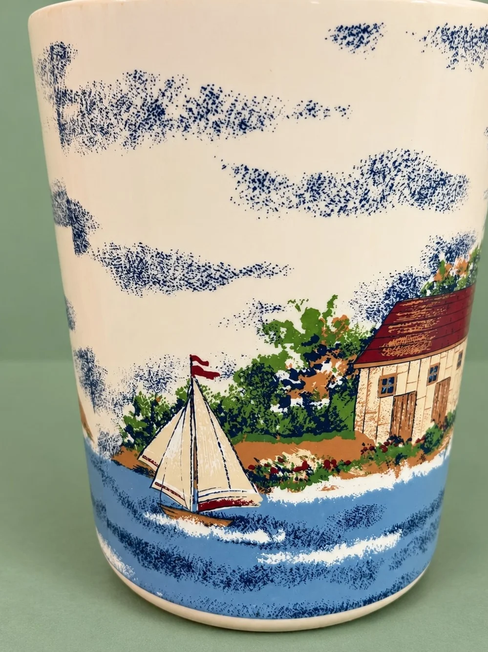Seaport Lighthouse Coastal Waste Basket Nautical Sailboat Beach Cottage Decor